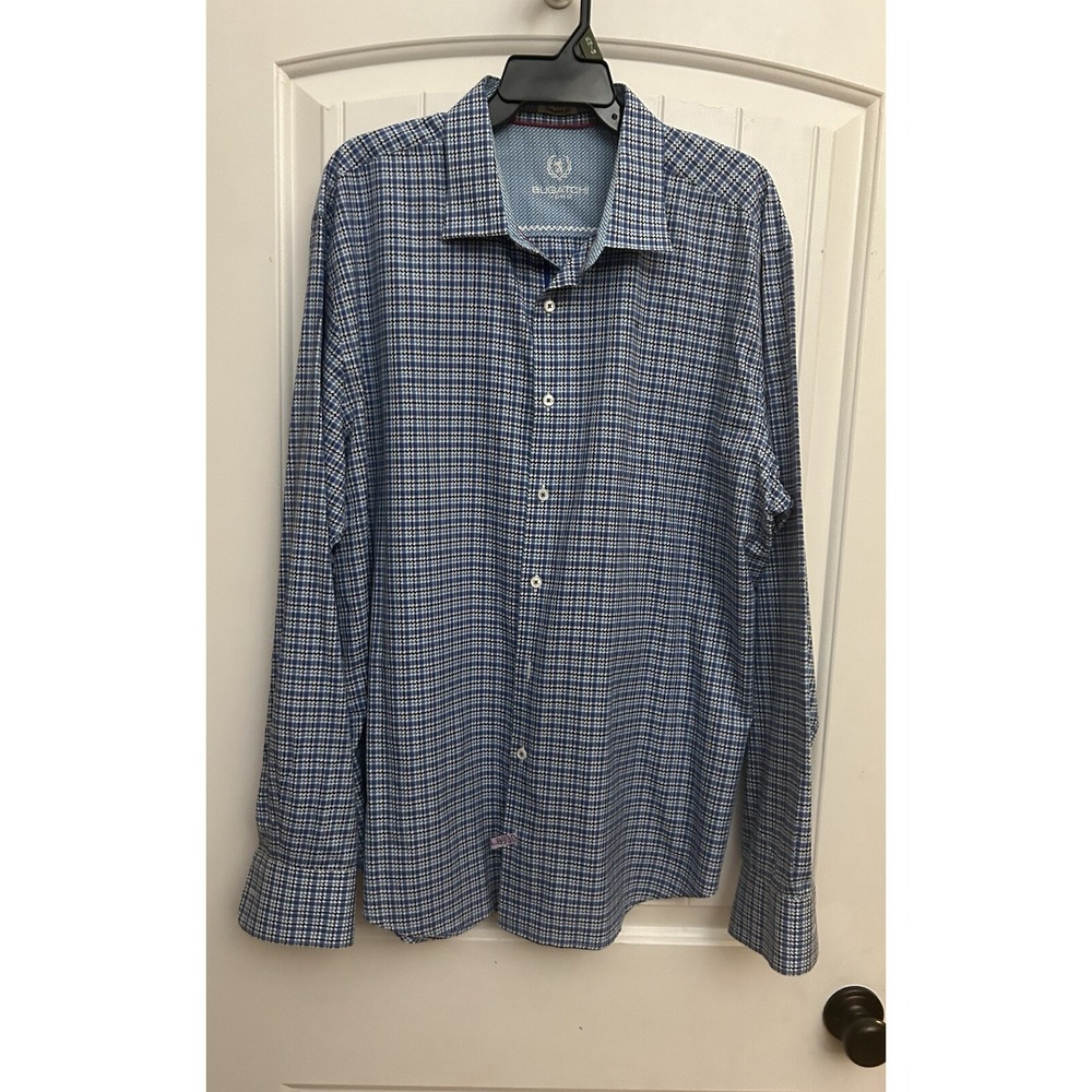 Bugatchi Button Down Shirt Mens Size XL Blue Plaid Flip Cuff  NO Size Tag‎